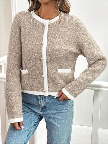 Milumia Women's Contrast Color Block Button Down Knit Sweater Long Sleeve Cardigan with Pockets in Saudi Arabia