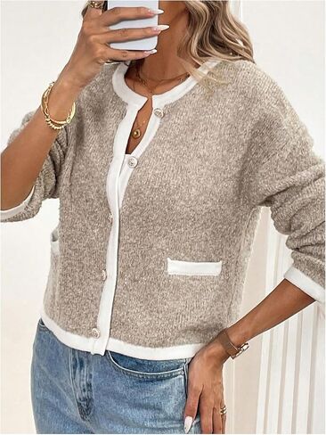 Milumia Women's Contrast Color Block Button Down Knit Sweater Long Sleeve Cardigan with Pockets in Saudi Arabia