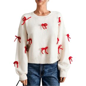 Women's Bow Decor Drop Shoulder Crop Sweaters Long Sleeve Crew Neck Sweater Pullover