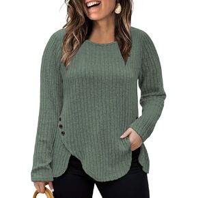 VISLILY Womens-Plus-Size-Tops Trendy Tulip Hem Long Sleeve Shirts Casual Lightweight Knit Sweaters Cute Button Decor Tunics