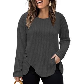VISLILY Womens-Plus-Size-Tops Trendy Tulip Hem Long Sleeve Shirts Casual Lightweight Knit Sweaters Cute Button Decor Tunics in Saudi Arabia