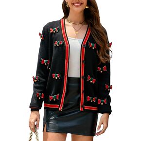LUBOT Ugly Christmas Sweater for Women Christmas Cardigans Long Sleeve V Neck/Crewneck Xmas Button Down Knit Sweaters
