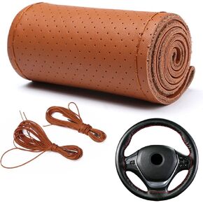DEEYOTA Car Steering Wheel Cover Universal Fit Round Stitch Steering Wheel Wrap Thin PU Leather Steering Wheel Cover Sewn on 15" Car Wheel (Coffee)