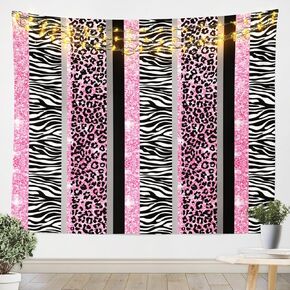 Feelyou Pink Zebra Stripes Tapestry Glitter Leopard Print (NO Glitter) Wall Blanket Geometric Striped Wall Hanging Zebra Leopard Fur Wall Art Medium 59"x59"