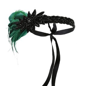 STIOEDYUAN Women Flapper Headband 1920S Vintage Feather Headpiece Roaring 20s Rhinestone Crystal Hair Chain Accessories For Women (Green+Black)