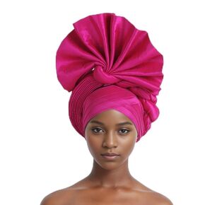 2024 African Female Turban Cap Women's Auto gele Headtie Nigeria Raw Silk Fan Gele Wedding Party Head Wraps Headwear Turbante (White)