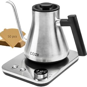 COZII Gooseneck Electric Kettle,5 Presets & ±1℉ Temperature Control 1200W Quick Heating Water Boiler for Coffee/Tea, 24H Keep Warm, Auto Shut Off Pour Over Kettle with 50pcs Coffee Filter,0.9L Silver