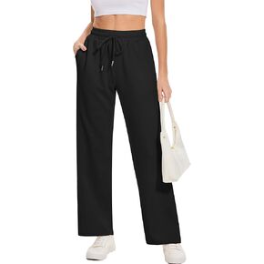Moss Rose Women's Wide Leg Pants Flowy Casual Pants Straight Leg Elastic Waisted Sweatpants with Pockets