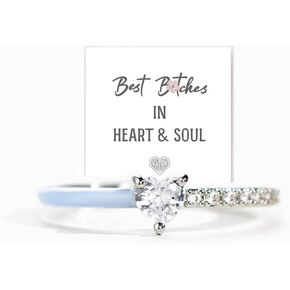 LIU JUN Best BiChes Rings, Matching Half Enamel Heart-Cut Rings Self Love Ring, Silver Heart Adjustable Rings For Women Best Friends Jewelry Gifts