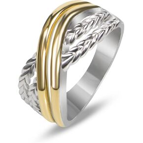 18K Gold-plated Crossover Band Ring Designer Two Tone Wheat Chain X-shape Band Rings for Women Gift