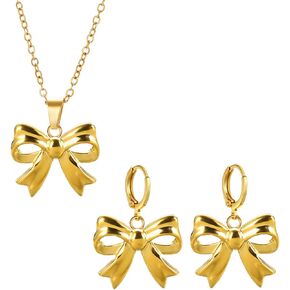 Dreuyet القوس قلادة أقراط القوس مجموعة مجوهرات للنساء 14K مطلية بالذهب Bowknot Huggies هوب أقراط لذيذ القوس قلادة الشريط مجموعة مجوهرات هدية عيد الميلاد