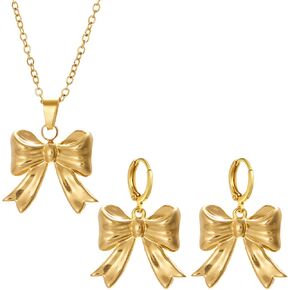 Dreuyet القوس قلادة أقراط القوس مجموعة مجوهرات للنساء 14K مطلية بالذهب Bowknot Huggies هوب أقراط لذيذ القوس قلادة الشريط مجموعة مجوهرات هدية عيد الميلاد in Kuwait