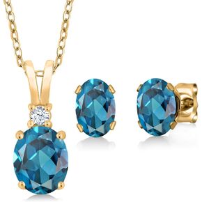 Gem Stone King 18K Yellow Gold Plated Silver London Blue Topaz Pendant Earrings Set for Women | 3.55 Cttw | Oval 8X6MM and 7X5MM | Gemstone Birthstone | With 18 Inch Chain