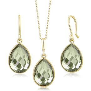 Gem Stone King 925 Yellow Plated Silver 19.50 Ct Prasiolite Pendant and Earrings Jewelry Set 18 Inches Chain