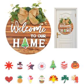 Fall and Winter Interchangeable Welcome Hanging Door Signs, Personalized Christmas Decorated Wooden Door Sign for Outside Front Door, New Home Porch Decor for Homes and Houses, Entrance Wall