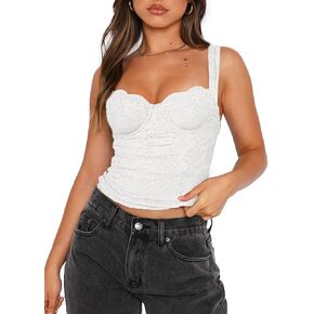 REORIA Women's Summer Fashion Sexy Square Neck Sleeveless Cute Trendy Going Out Lace Bustier Crop Tank Tops White Large