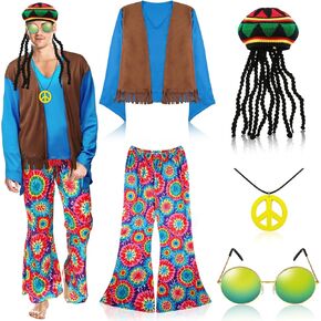 Geyoga 5 Pcs 60s 70s Outfits for Men Hippie Costume Set Disco Outfit Pant Shirt Faux Vest Rasta Hat with Dreadlocks