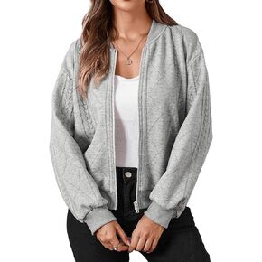 Verdusa Women's Bomber Jackets Zip Up Long Sleeve Textured Jacket Outerwear