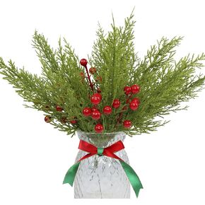 60 Pcs Christmas Artificial Pine Branches with Red Berry Stems, Christmas Greenery Stems Pine Stems, Fake Foliage Pine Needles Picks Cedar Sprigs Stems for Christmas Garland Home Decor (60)