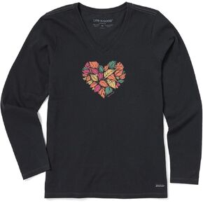 Life is Good. Women's Woodcut Leaf Heart LS Crusher-LITE Vee, Jet Black, XX-Large