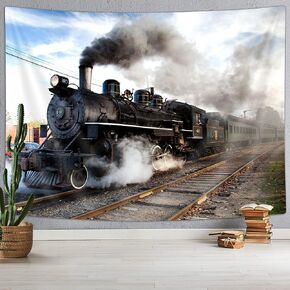 VeiVian Steam Engine tapestry, Antique Train on Railroad Track Tapestries, Express Train Railways Theme Tapestry Wall Hanging for Bedroom Dorm Living Room, 71X60IN