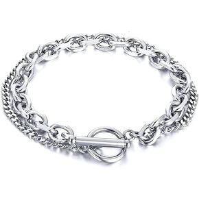 Rockyu Bracelet for Men Simple Silver 2 Row Chain 7/8 inches Kihei Stainless Steel Hypoallergenic Party Accessory Fathers Day Gift