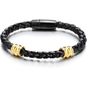 COOLSTEELANDBEYOND Mens Stainless Steel Gold Black Square Franco Chain Curb Chain and Black Braided Leather Bracelet