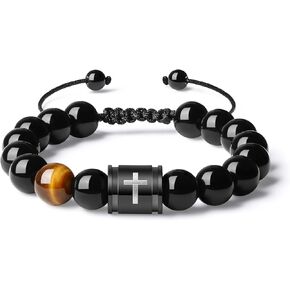 Bible Verse Cross Bracelets for Men Handmade 10mm Natural Black Onyx, Lava Rock Stone, Tiger Eyes and Black Matte Agate Bead Braided Rope Meaningful Gifts Bracelet for Men Father Boyfriends Husband