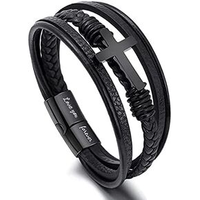 to My Son Pray Through It Leather Cross Bracelet,Multilayer Leather Bracelets For Men Magnetic Clasp, Stainless Steel Magnetic Closure Bracelets,Son Graduation Birthday Gift from Mom