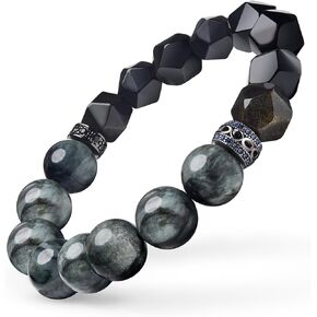 Natural Gemstone Bracelet, Obsidian Silvery and Hawkeye Stone for Protection & Balance, 12mm Handmade Round Beads Stretch for Men Bring Luck Prosperity