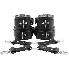 Atlanta Combo Connector Wrist and Ankle Cuffs Faux Chinchilla Fur Genuine Leather (Black)