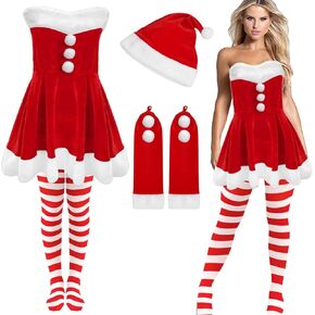 5 Pcs Women Christmas Costume Set Mrs. Santa Claus Costume Santa Costume for Women Velvet Dress with Long Gloves Striped Over Knee High Socks for Women's Xmas Fancy Dress Cosplay Party