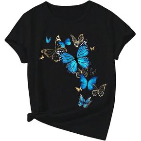 COZYEASE Girl's Graphic Tees Butterfly Print Crew Neck Short Sleeve Summer T-Shirt