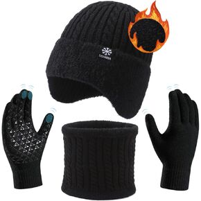 Winter Hat Gloves Set for Men Women, Fleece Line Beanie with Earflap, Neck Warmer Scarf and Touch Screen Gloves