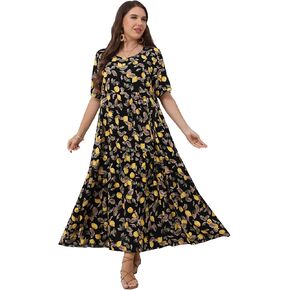 Women Casual Loose Bohemian Floral Dress with Pockets Short Sleeve Long Maxi Summer Beach Swing Dress