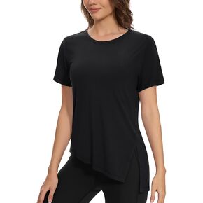 MAGCOMSEN Women's Workout Shirts Short Sleeve Crewneck Quick Dry Yoga T-Shirt Gym Athletic Top Breathable Tee Side Slit