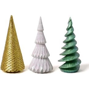 HAUCOZE 3 Assorted Christmas Decoration Tree Statue Figurine Modern Sculpture Home Gifts Green+Gold+White with Glitter
