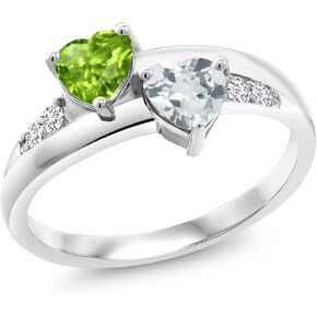 Gem Stone King 925 Sterling Silver Green Peridot Sky Blue Aquamarine and White Lab Grown Diamond Ring For Women (0.96 Cttw, Heart Shape 5MM, Available in size 5, 6, 7, 8, 9)