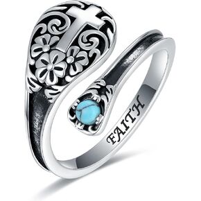 925 Sterling Silver Cross Spoon Ring Vintage Turquoise Faith Rings Adjustable Size Inspirational Jewelry