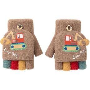 PURFUN Toddler Boys Cartoon Excavator Rocket Half Finger Gloves with Flip Top, Baby Boy Winter Warm Knitted Gloves for 1-3Yrs