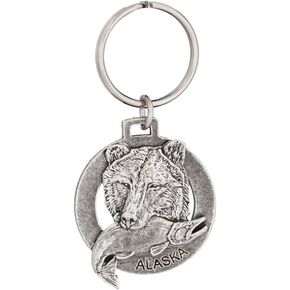 Alaska Grizzly with Salmon Keychain, A610KC, 1 1/2", Pewter, Metal, Souvenir, 100% Handmade in The USA, Alaskan Travel Keychain, Key Chain, Key Ring, Key Fob, Gift, 20+ Alaskan Designs Available