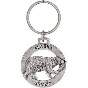 Alaska Grizzly Bear with Salmon Keychain, A626KC, 1 1/2", Pewter, Metal, Souvenir, 100% Handmade in The USA, Alaskan Travel Keychain, Key Chain, Key Ring, Key Fob, Gift, 20+ Alaskan Designs Available