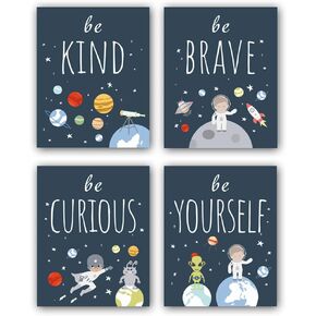 CHDITB Frame Outer Space Art Print, Boys Space Planet Theme Canvas Posters, Set Of 4 (12" x 16") Space Canvas Wall Art For Kids Space Room Decor, Space Wall Art Painting for Boys Kids room decor-Ready to Hang