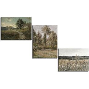 Hwetui Vintage Landscape Canvas Wall Art Framed Set of 3 Wildflower Field Poster Retro Rustic Farmhouse Prints Classical Nature Oil Painting Picture Home Decor for Living Room Bedroom Office 12x16in