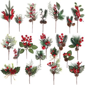 20 Pcs Artificial Christmas Tree Picks，20 Styles with Red Berry Picks Holly Leaves Pinecones for Christmas Winter Holiday and Floral Arrangement to Decorate.