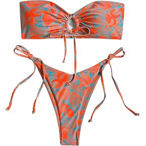 SHENHE Women's Strapless 2 Piece Tropical Swimsuit Drawstring Tie Side Bandeau Bikini