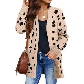 ZESICA Women's Fall Winter Long Sleeves Open Front Leopard Print Knitted Sweater Cardigan Coat Outwear