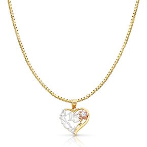 14K Tri Color Gold Sweet 15 Years Quinceanera Heart Charm Pendant with 1mm Box Chain Necklace