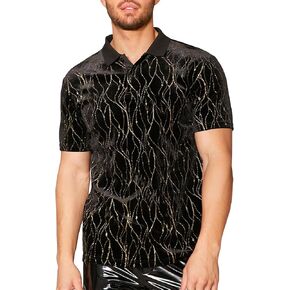 WDIRARA Men's Glitter Short Sleeve Polo Shirt Button Front Club Party Wear T Shirts Top