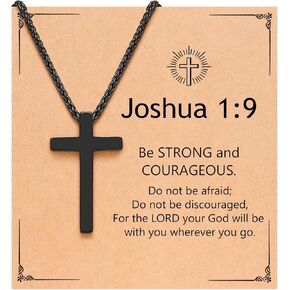 Black Cross Necklace for Men Boys, Christian Gifts Joshua 1:9 Stainless Steel Chain Necklace 18-20 Inch
